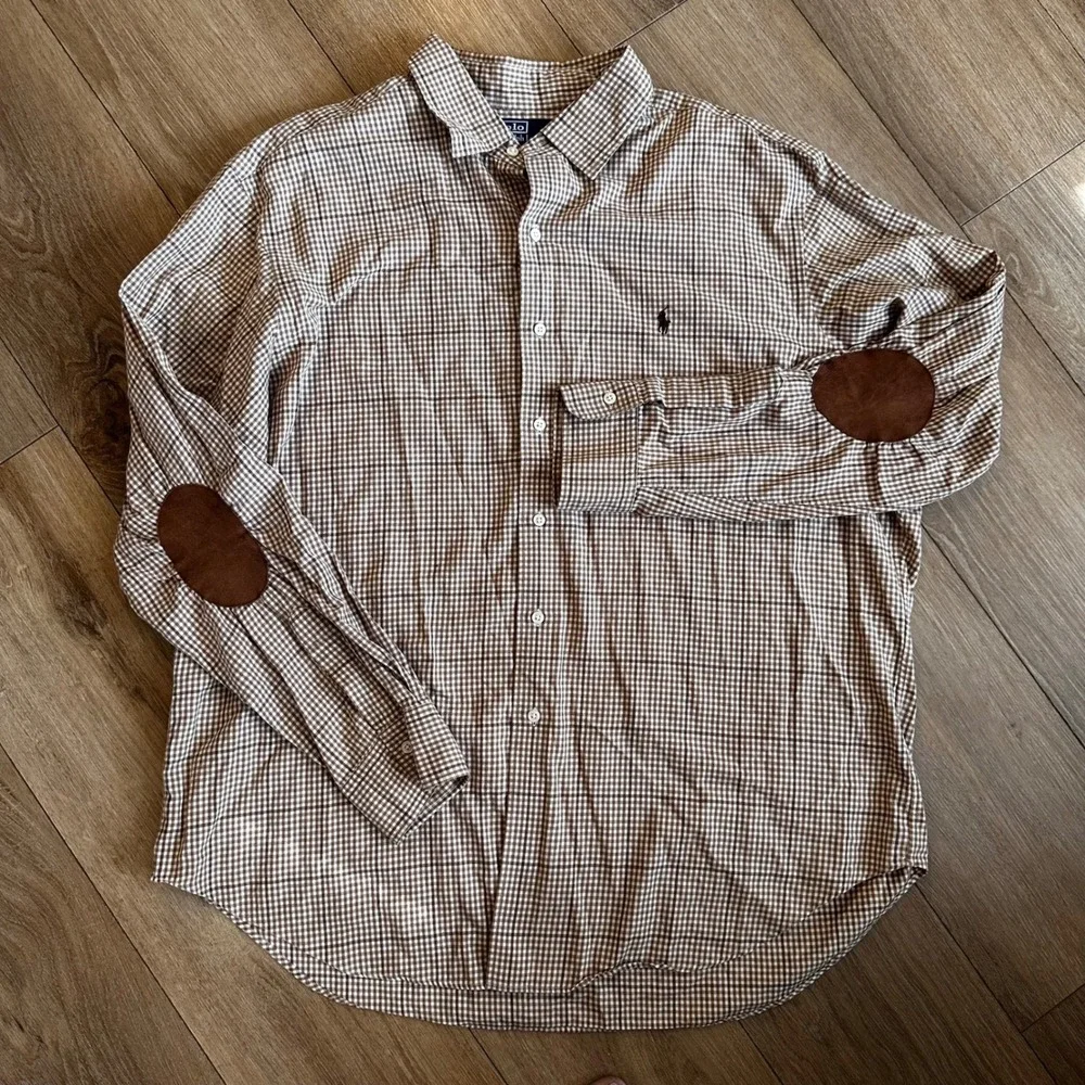 Polo Ralph Lauren Bradford Gingham Shirt XXL Brown Elbow Patches Classic Fit